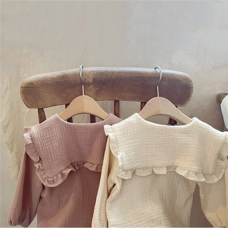 2pcs born Baby Girls Clothes Organic Cotton Ruffled Collar Lapel Long Sleeve Shirt Top Bread Pants Korean Casual Clothing 260311