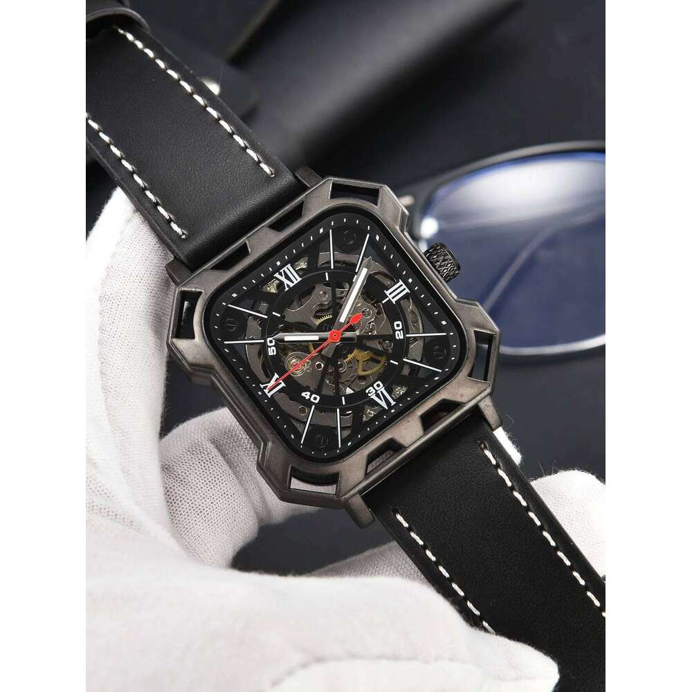 LONGLUX automatic business cool wholesale mechanical wristwatches hollow no logo black leather mens watch men gift
