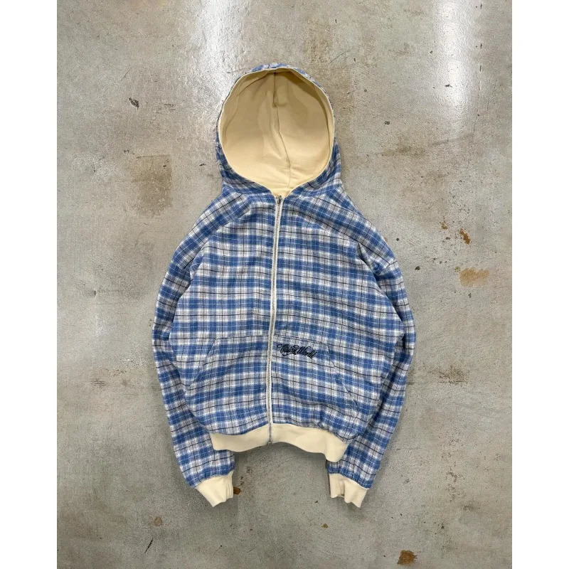 Spring and Autumn American Trendy Double sided Stand up Hoodie cardigan casual workwear plaid jacket 260311
