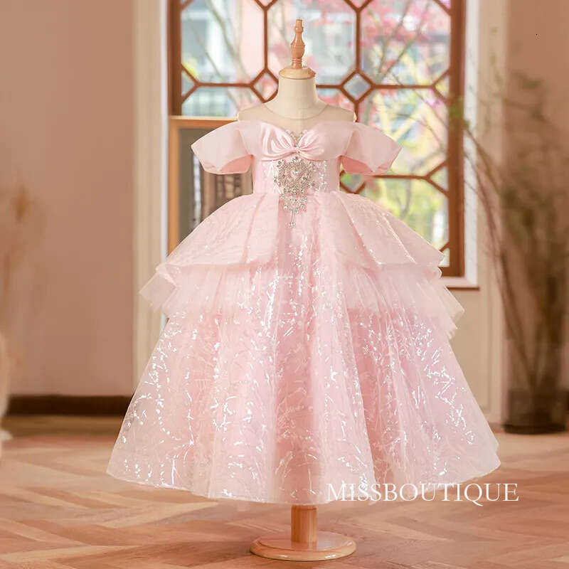 2024 Luxurious Pink Shiny Flower Girl Lace Beaded Tiers Lilttle Kids Weddding Tulle Puff Birthday Party Dresses Pageant Gowns 403 B0312