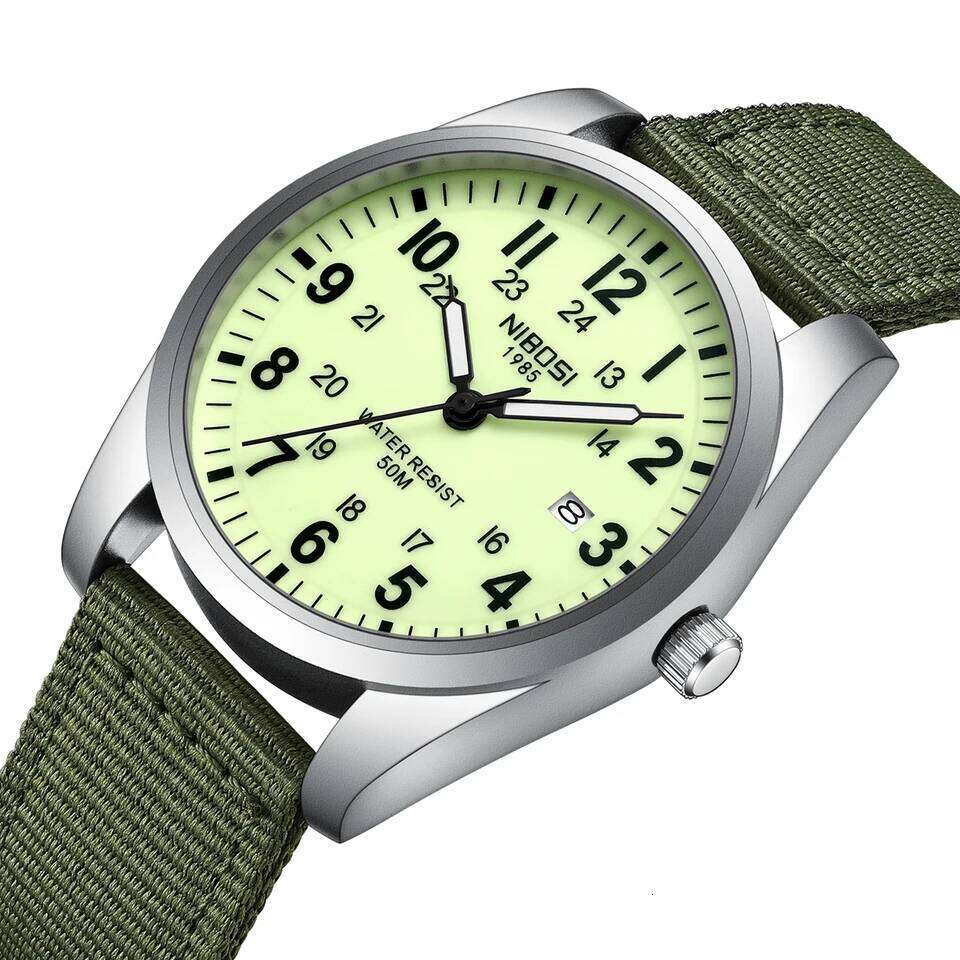 NIBOSI Mens Analog Military Watch with Calendar Luminous Dial Green Nylon Strap Waterproof Men's Wrist Watches Vintage