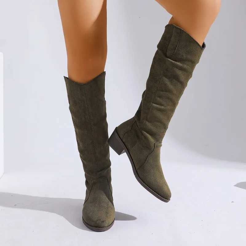 Womens Knight Boots 2025 New Style Trend Green Slip-on Suede High Heels Thick Sole Luxury Womens High Boots Elegant High Heels S260312