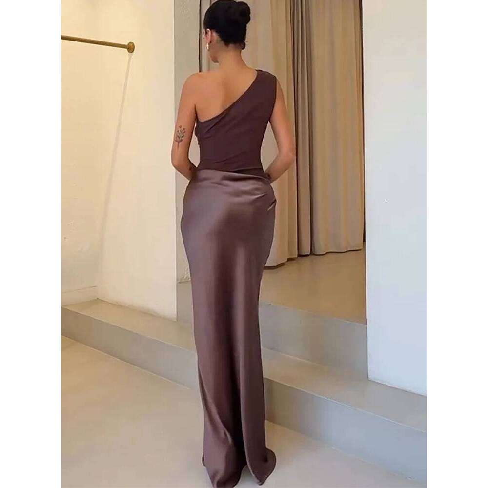 JULISSA MO Patchwork Satin Sexy One Shoulder Women Maxi Brown Sleeveless Evening Dress Summer Slim Elegant Party Clubwear C260312