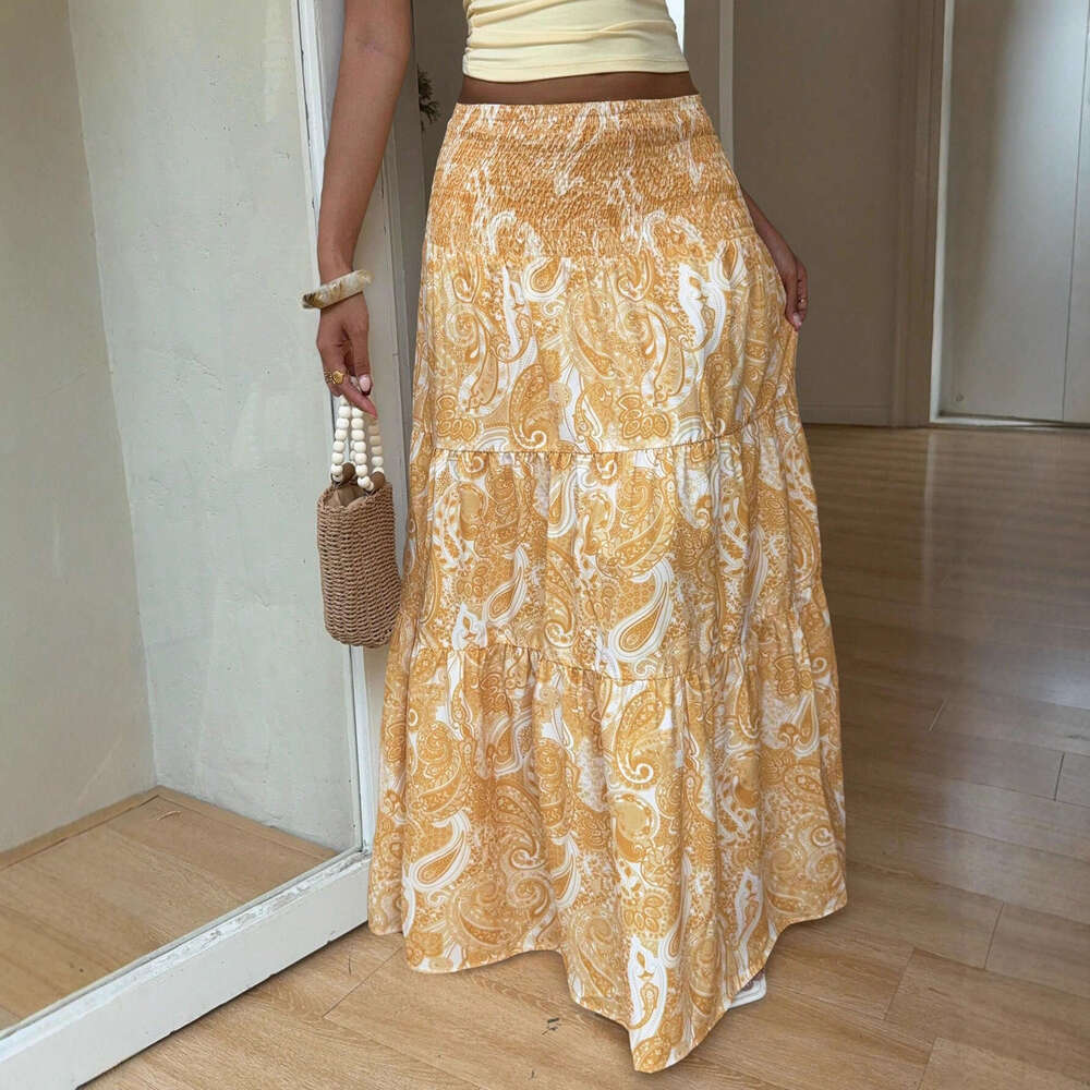 2025 European and American Cross-Border Foreign Trade Vacation Style Elastic Waist Long Skirt