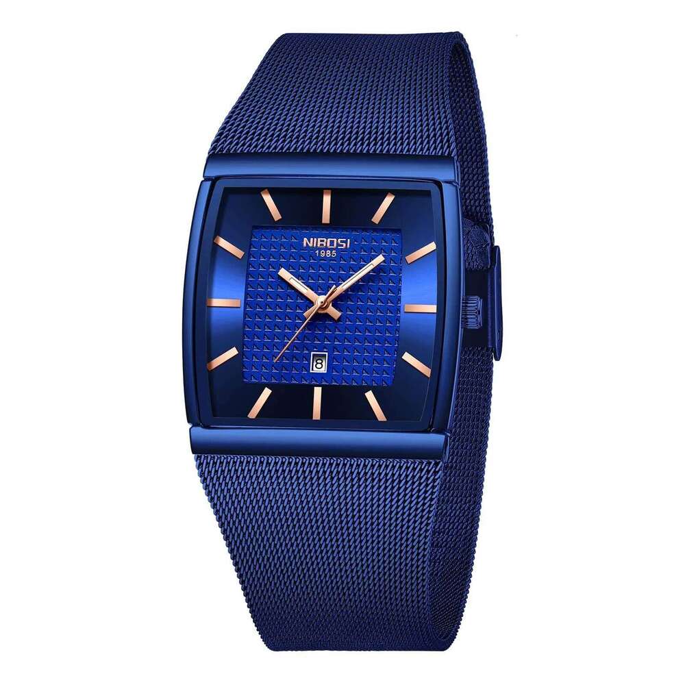 NIBOSI Watches Business Square Military Waterproof Sport Analog Quartz Wrist Watch for Men Stainless Steel Mesh Strap Date