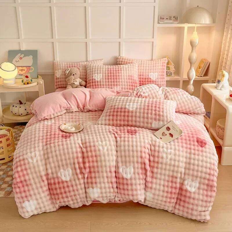 2024 New Milk Printed Bubble Four-piece Set Class A Winter Thickened Quilt Cover Sheet Baby Fleece H260312