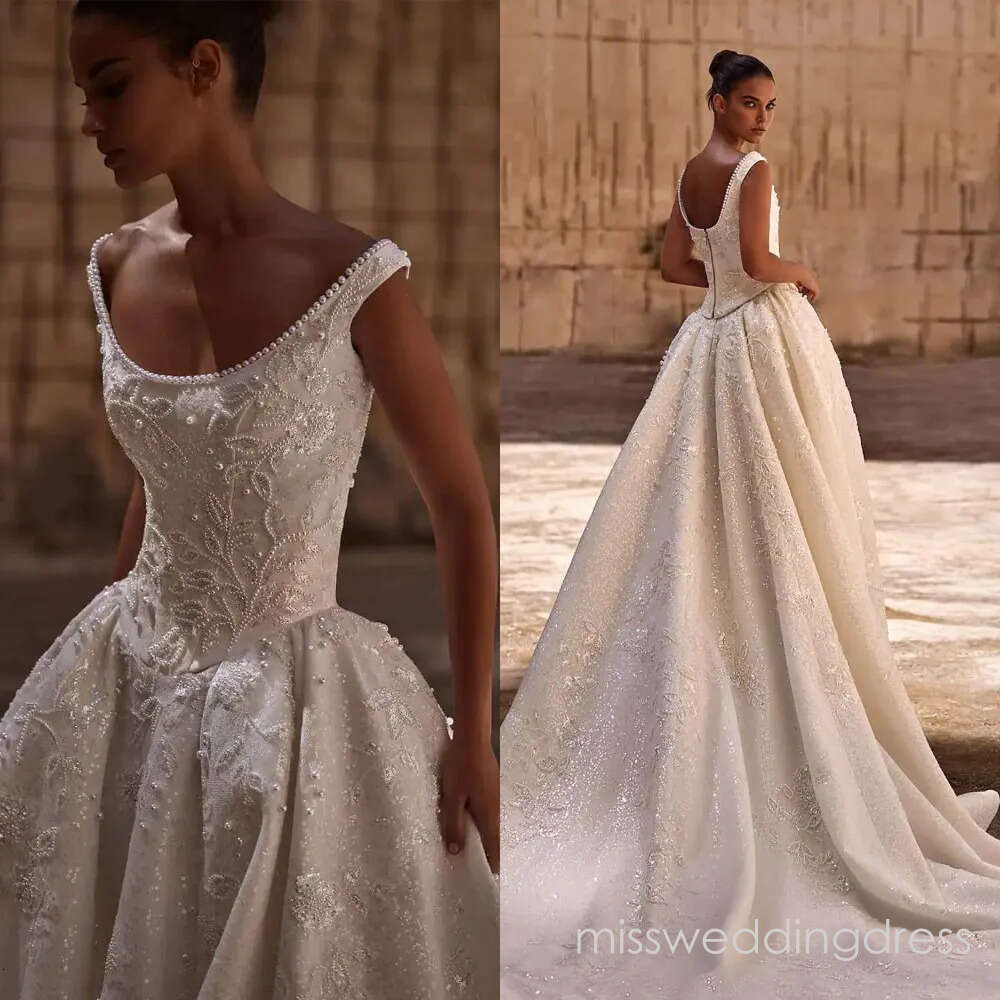 Elegant Wedding Dresses Pearls Bridal A Line Gowns Appliques Sequins Sleeveless Princess Backless Sweep Train Customized Vestidos De Novia Plus Size
