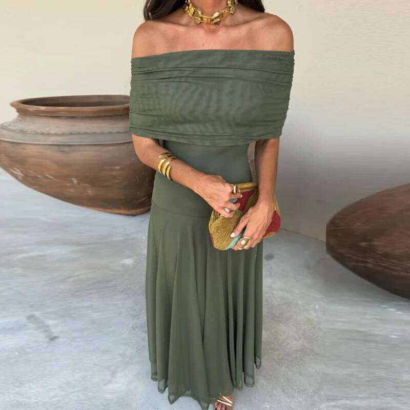 Sexy Sleeveless Commuter Fashion Hight Waist Strapless Slim Long Women Elegant Mesh Splicing Solid Color Party Dress C260311