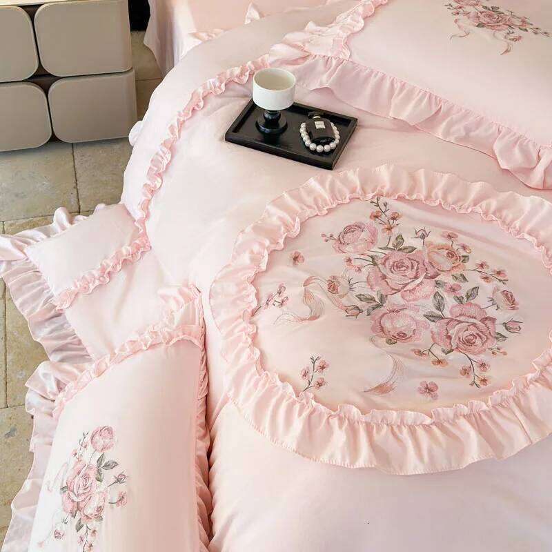 4Pcs Rose Flowers Embroidery Bedding Set Double King Queen Size Pink Girls Bedroom Duvet Cover Flat/Fitted Bed Sheet Pillowcases H260312
