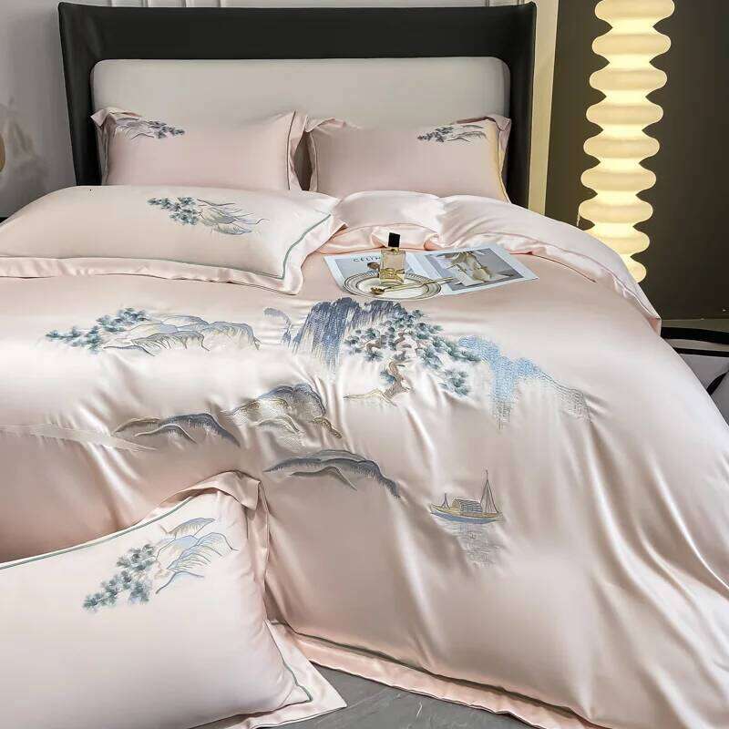 4Pcs New Chinese Style Landscape Embroidery Bedding Silky Duvet Soft Quilt Cover Set Bed Sheet Pillowcases H260312