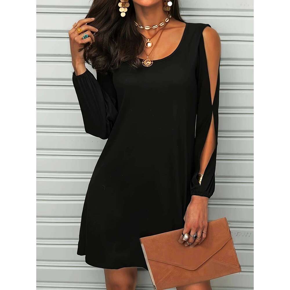 Plus Size Women's Black Long-Sleeve Cold-Shoulder Cutout Elastic Cuff Casual Mini Dress 2026 New C260312