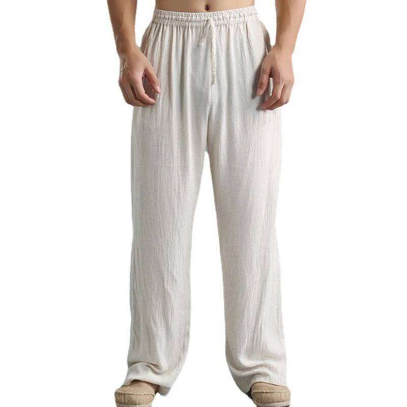 2024 New cotton long men's spring summer loose and breathable solid color linen pants casual street wear