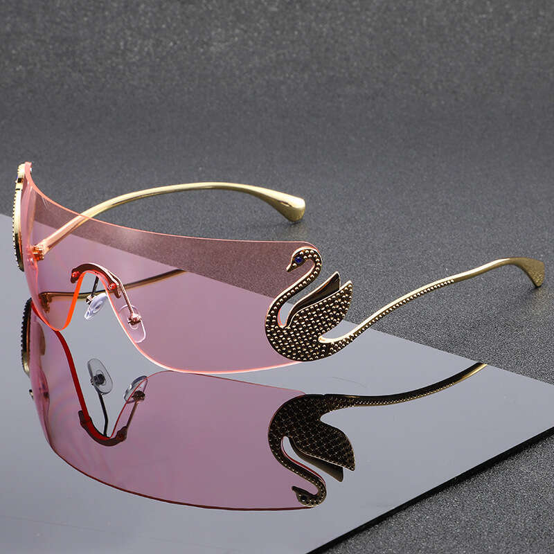 Fashion Diamond-Embellished Swan-Ear Sunglasses, Personalized Women's Sun Protection Versatile Rimless One-Piece Glasses