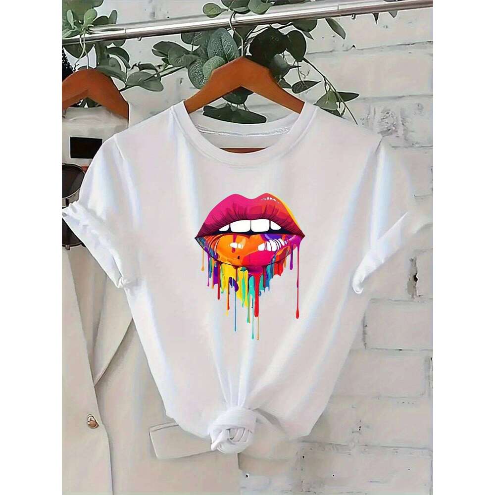 Women'S T-Shirt with Vibrant Lips and Paint Drips Harajuku Sleeve Casual T-shirt Clothing Street Tops Tees Aesthetic Clothes Z260312