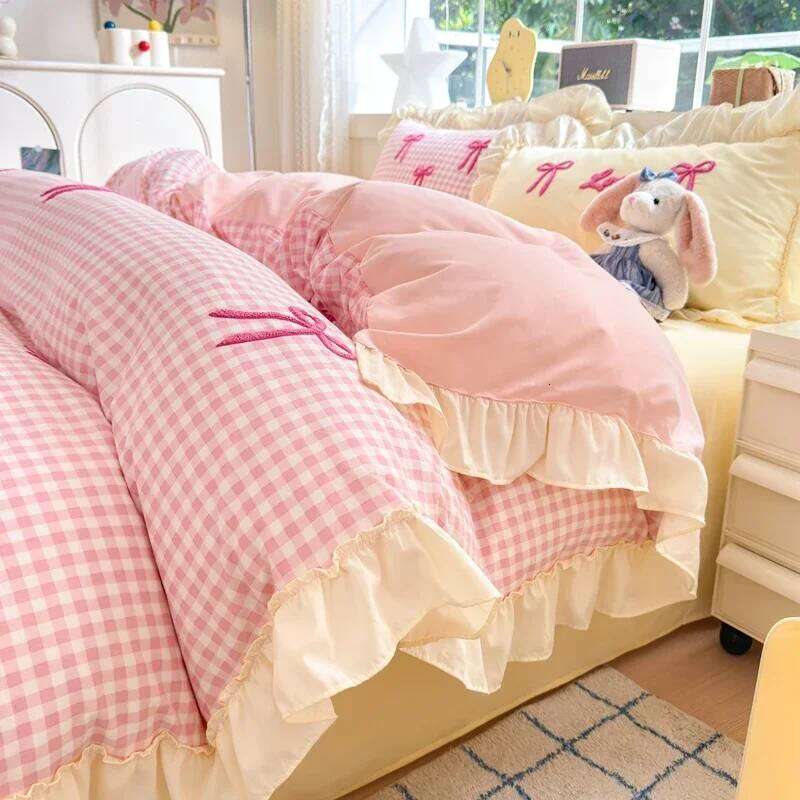 Classic Plaid Duvet Soft Lace Bedding Set, Bow Design Skin-friendly Quilt Cover, 2 Pillowcases with Different Patterns H260312