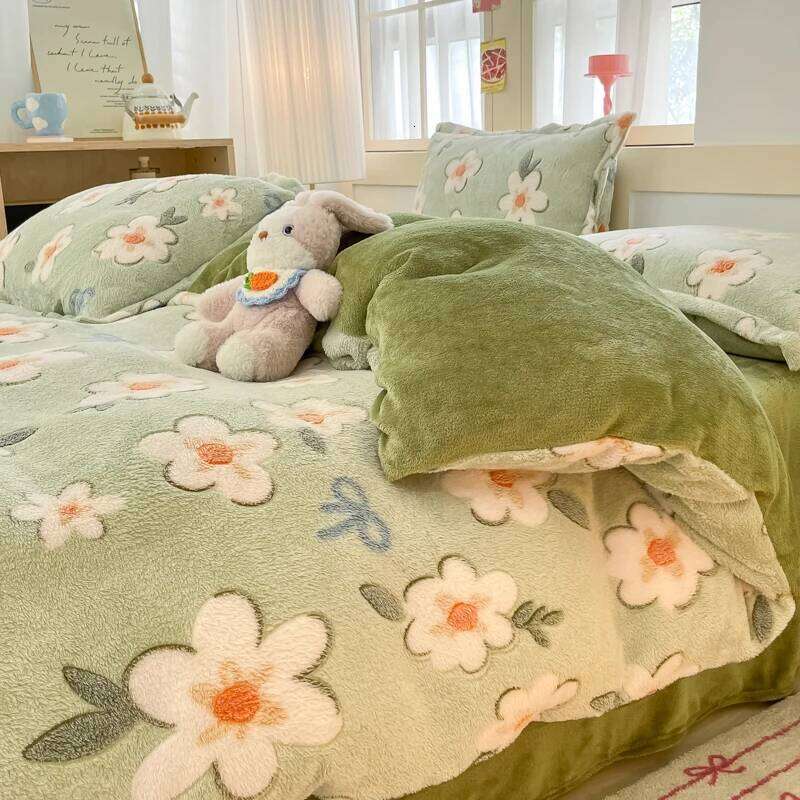 White Plant Flower Milk Velvet Duvet Green Reversible Soft Skin-friendly Comforter Cover Adult Kid Bedroom Winter Bedding H260312