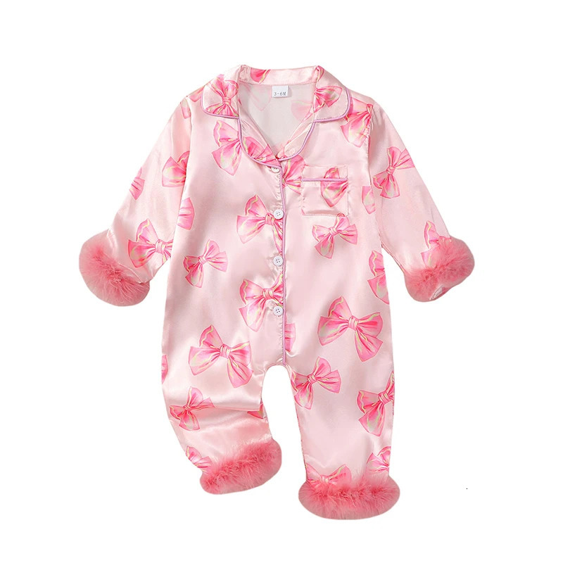 VISgogo Baby Girls Pajamas Long Sleeve Bow Print Furry Patchwork Button Closure Jumpsuit Sleepwear Loungewear 260311