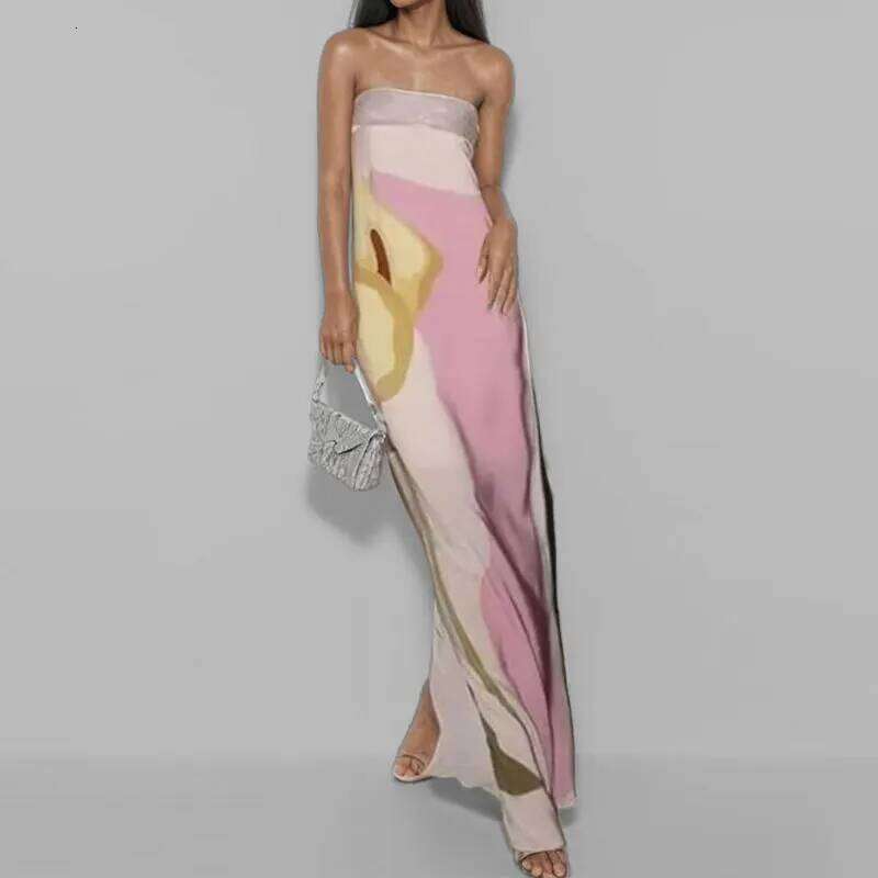 2024 Summer Strapless Backless Flower Printed Long Dress Women Sleeveless Off Shoulder Vestidos Plus Size S-3XL Streetwear C260312