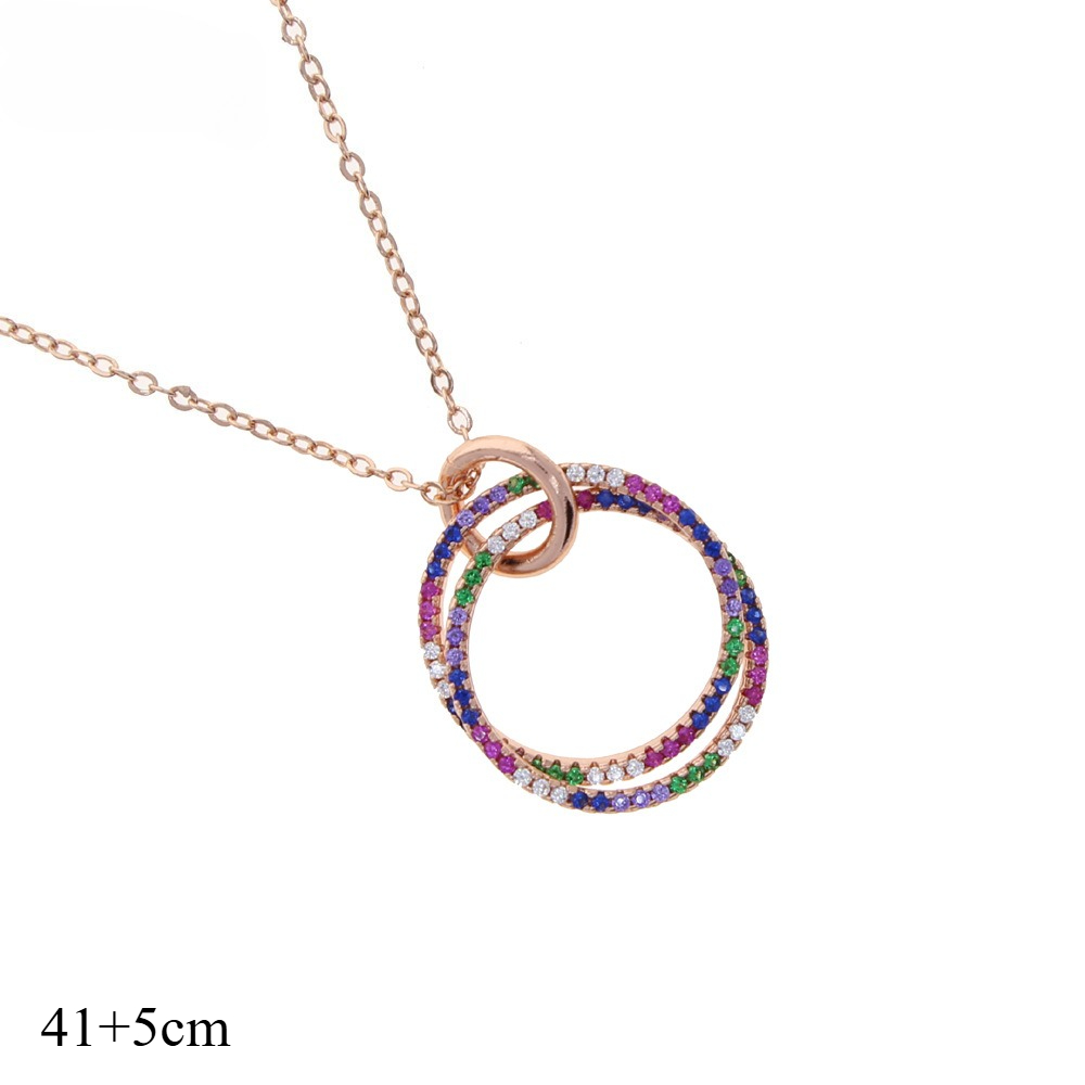 Colorful Rose Gold Plated Double Ring Necklace Rainbow Gradient Color Inlaid With Zircon Fashionable And Versatile Boutique Gift