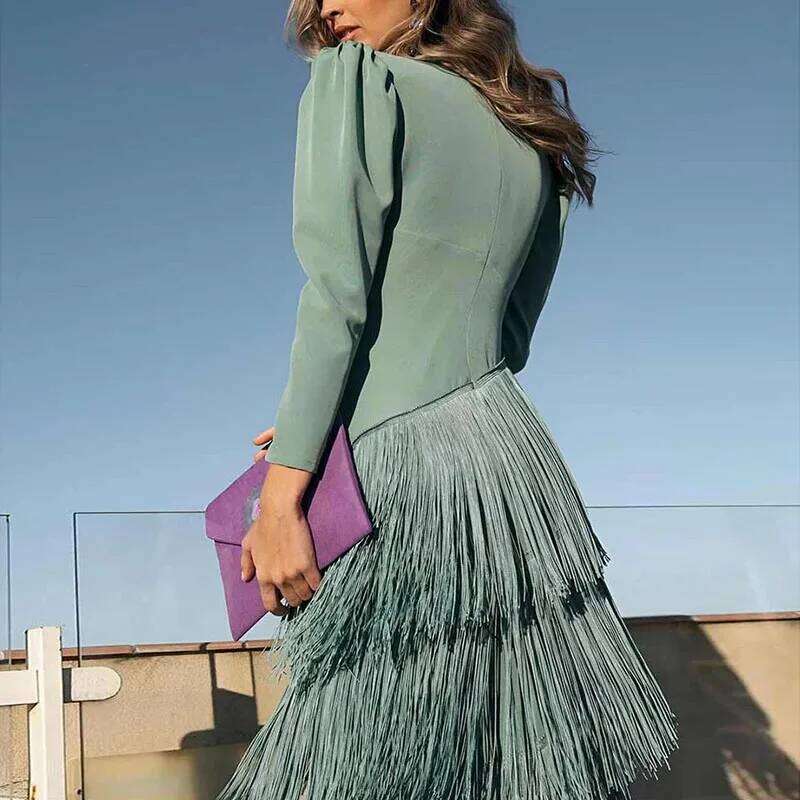 French Elegant Deep V Neck Slim Prom Dresses 2025 Spring Solid Spliced Tassel Woman Long Sleeve New Autumn Maxi Dress C260311