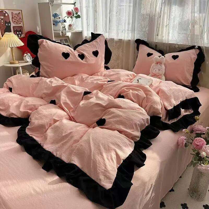 Ins Pink Bow Bedding Ruffles Duvet Cover Flat Sheet Women Girls Princess Bed Linen Set Single Twin Queen Bedclothes H260312