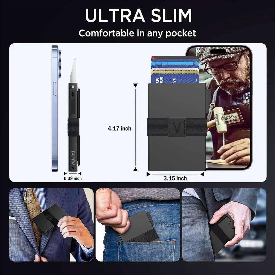 Slim Alu Card Holder for Men, Durable Expandable Backplate, RFID Blocking Minimalist Metal Pop Up Wallet, Holds 14+ Cards & Cash