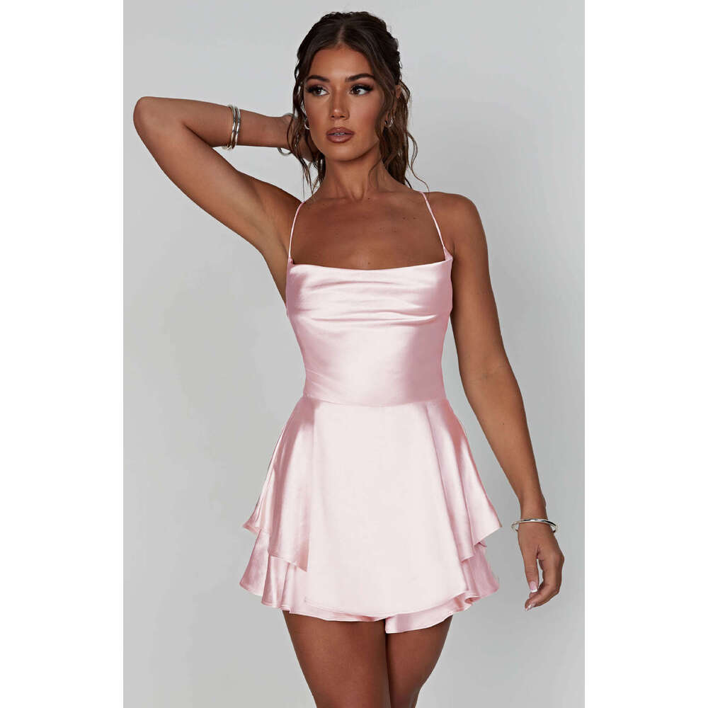 2024 Summer New European and American Amazon Hot Sexy Slim Fit Backless Solid Color Strap Dress Short Style