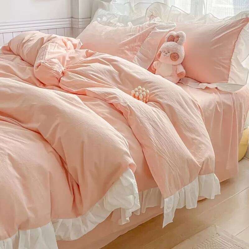 Princess Style Bedding 2025 Ruffle Lace Quilt Romantic Pink Bed Sheet Sets Woman Girls Bedroom Duvet Cover Set 4pcs H260312