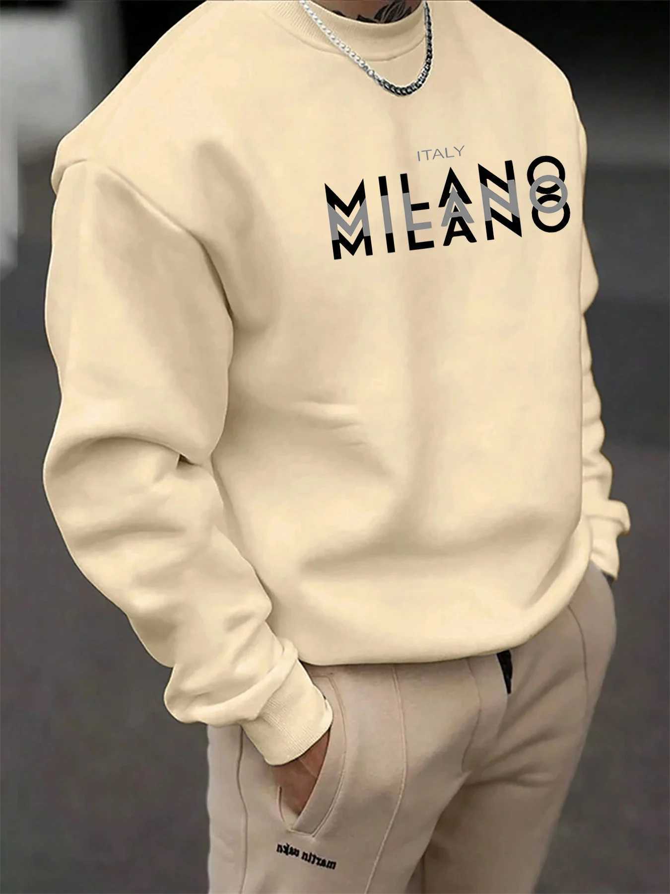 Mens autumn and winter casual loose fashion classic MILANO ITALIA letter pattern printed long sleeved round neck sweatshirt M260312