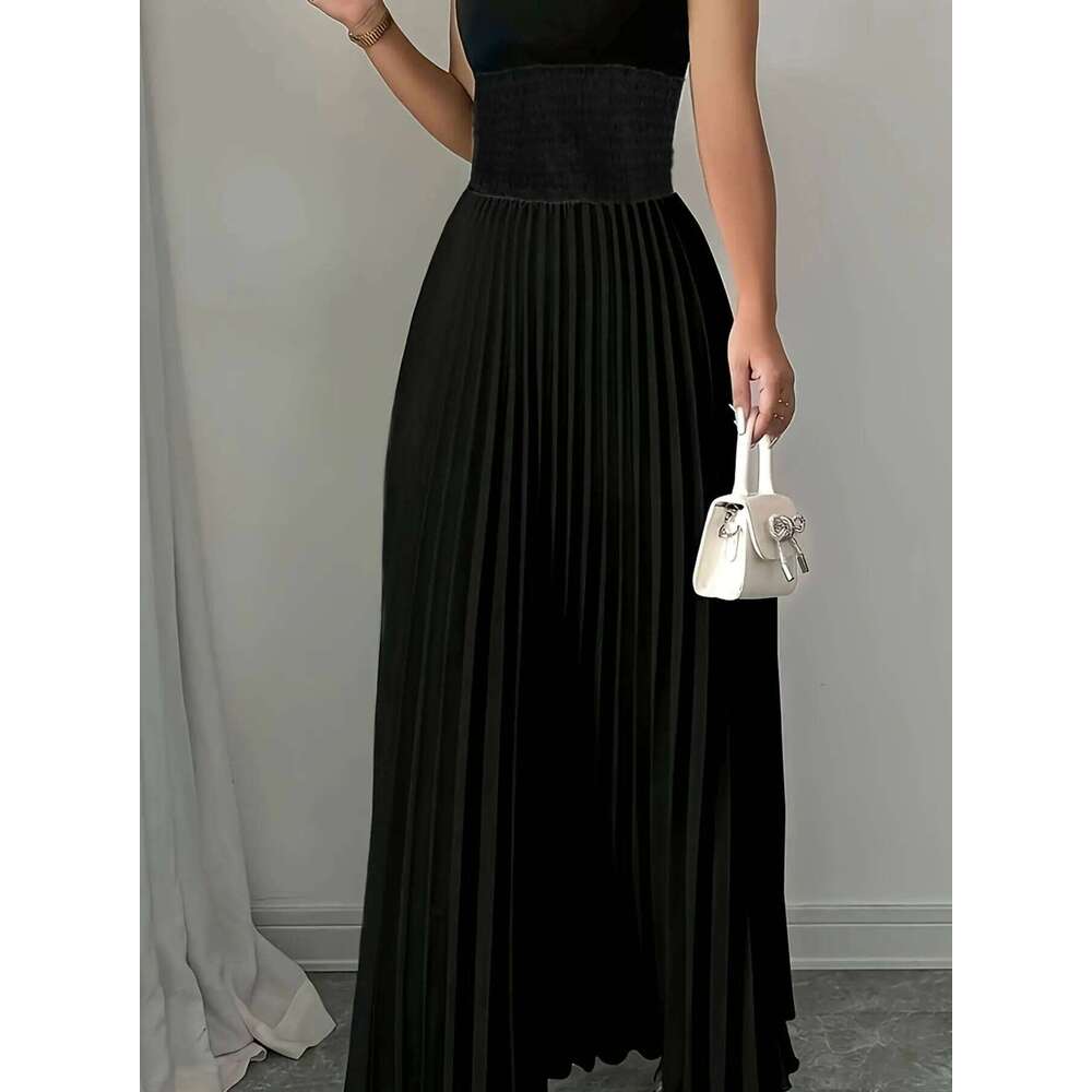 Women's Oversized Woven Casual Bohemian Maxi Summer A-Line Long Dress with Pockets Full Length Clothing Black C260312