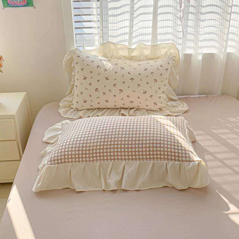 3pcs Korean lace Duvet 1*Duvet Cover + 2*Pillowcase, Without Core, Pink checkered print Bedding Set H260312