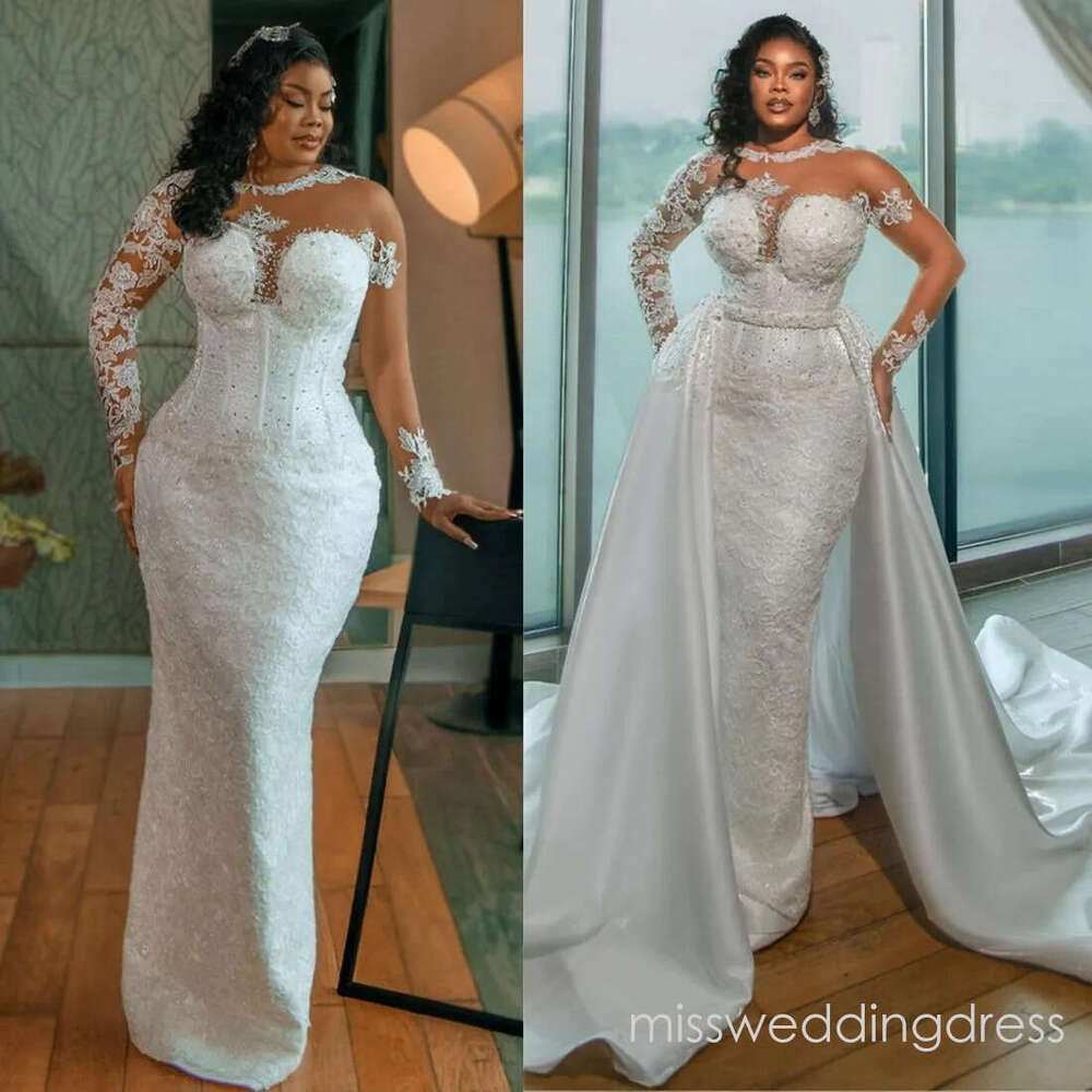 Mermaid Dresses Bridal Gowns With Detachable Train Plus Size Illusion Long Sleeves Beaded Lace Wedding Gown for African Black Women Bride O19