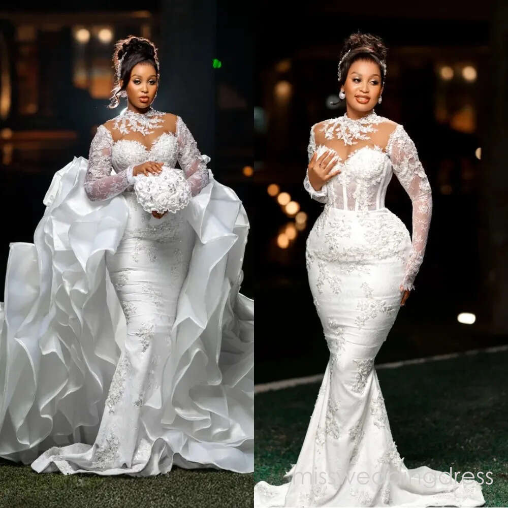 Exquisite Wedding Dresses Appliques Mermaid Bridal Gowns Ruffle Detachable Train Long Sleeves Customized Bride Vestidos De Novia Plus Size