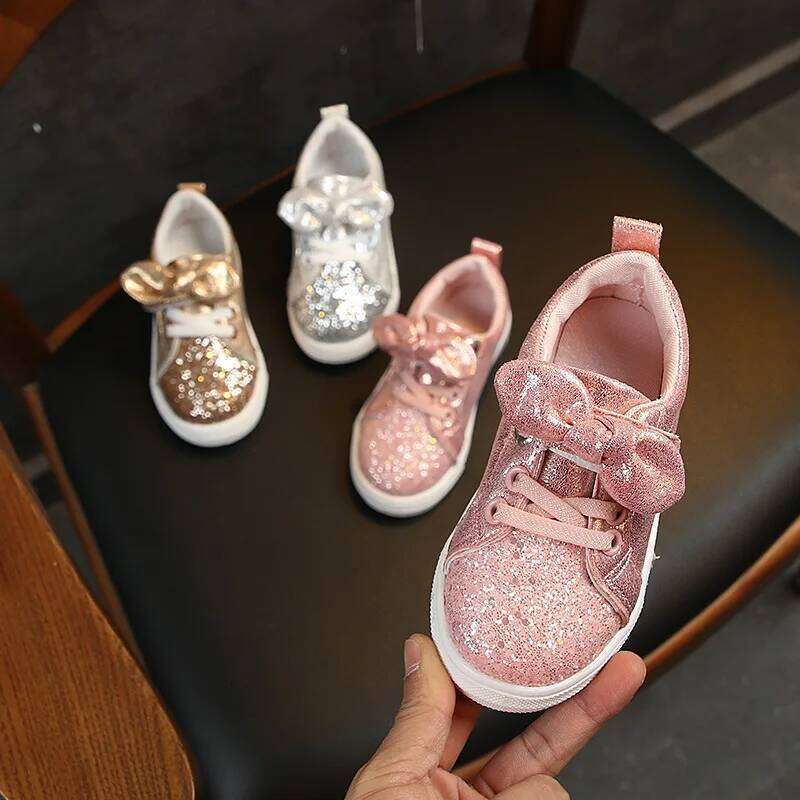 2020 Spring Autumn Girls Baby Sneakers Children Casual Fashion Bow-knot Glitter Leather Non-slip Flat Princess Shoes H260312