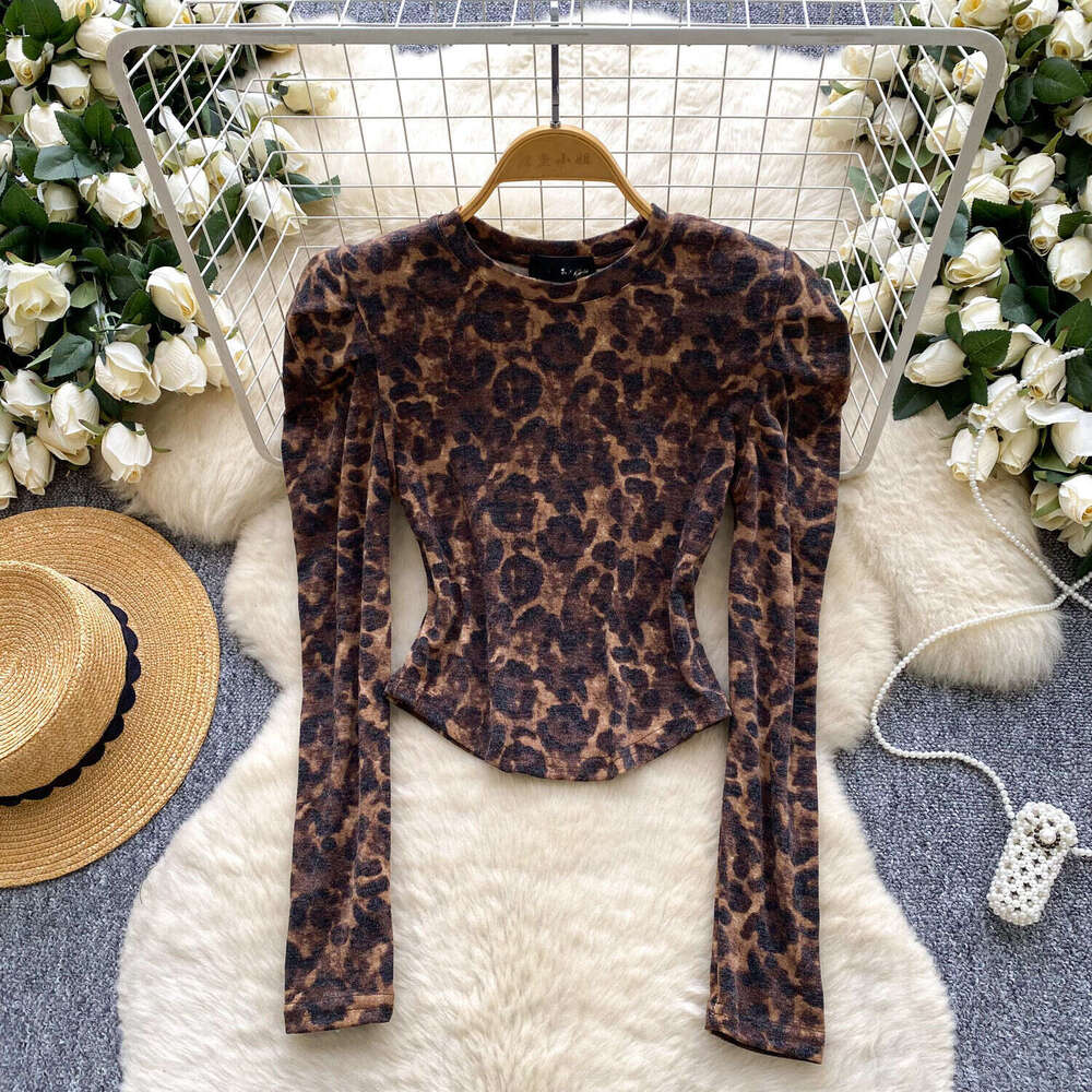 Designer French fashion high-end round neck puff sleeve a16 leopard print women's top autumn and winter new slim fit basic shirt