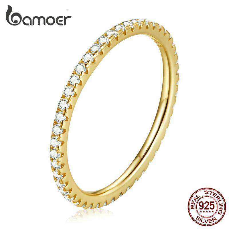 BAMOER 925 Sterling Silver 18K Gold Plated Finger Ring Full Zircons Paved for Women Dazzling Stacking Anillos Jewelry Party Gift H260312