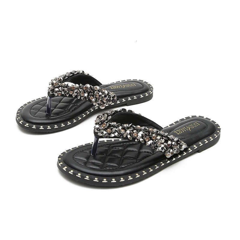 Women's Summer Flat Sandals 2026 New Fashion Rhinestone Toe Post Flip-Flops Outdoor Wear Large Size Slippers Women