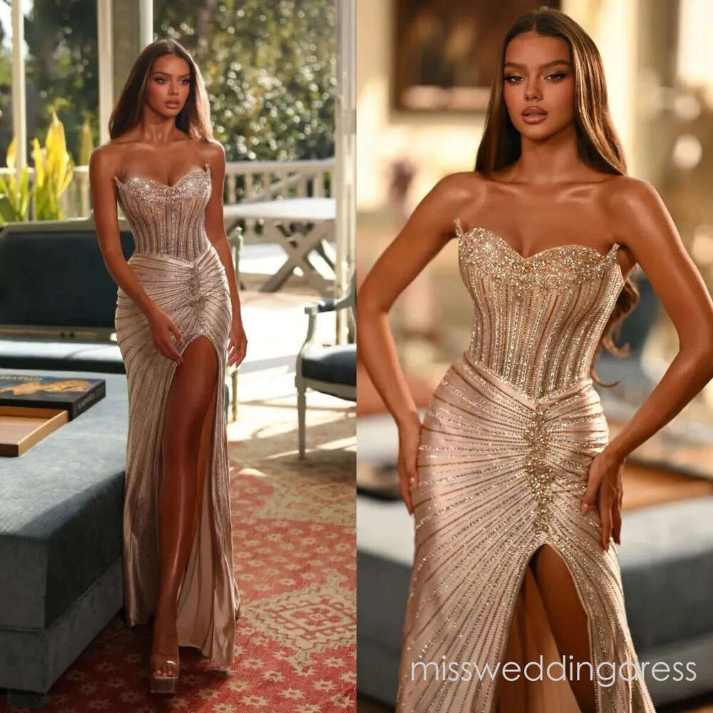 Sparkly Strapless Evening Dresses Sequins Prom Gown Side Split Sleeveless Rhinestone Princess Mermaid Customized Vestidos De Noche Plus Size