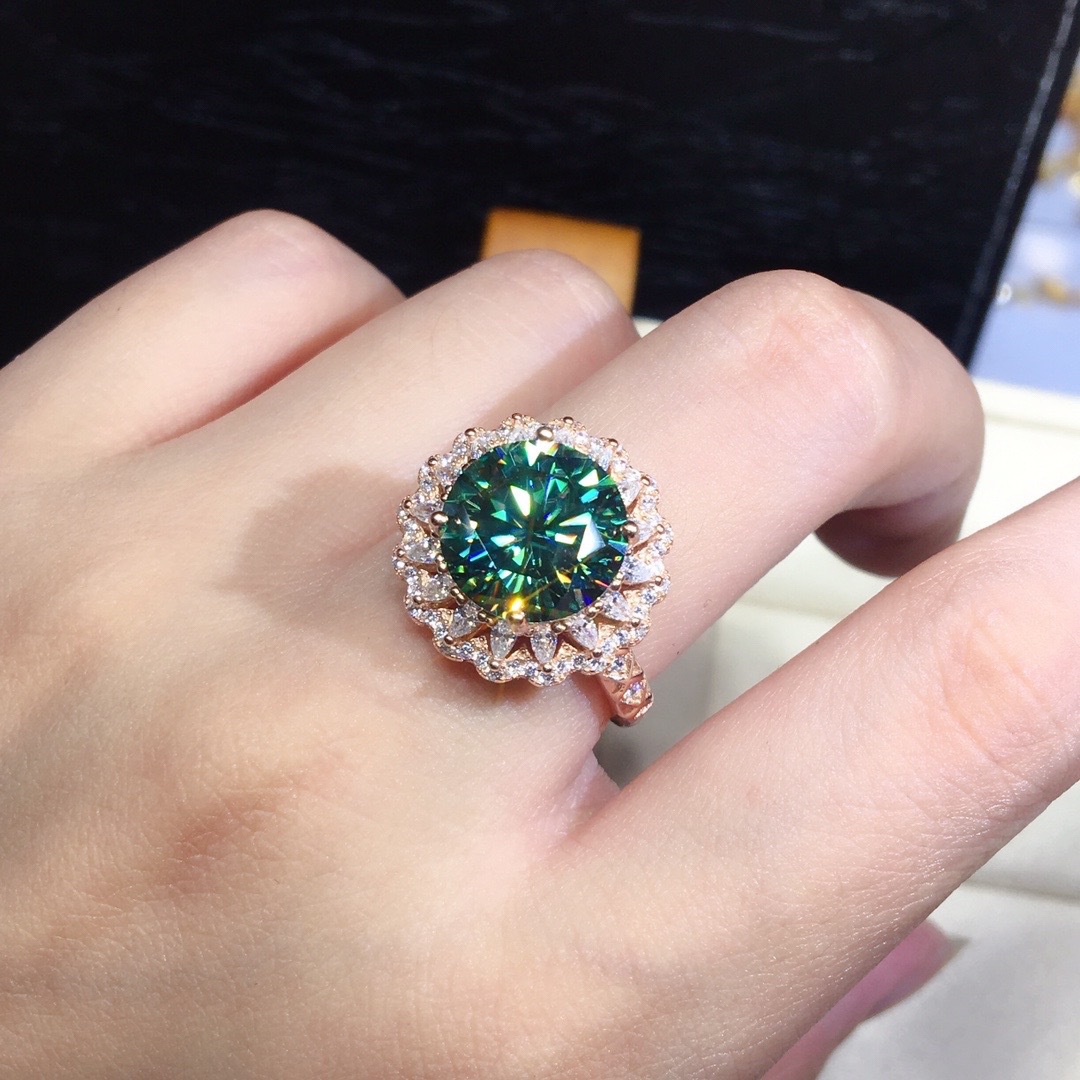 18K Gold Plated Green 5A Zircon Open Rings CZ Diamond Round Cut Brilliant Cut Halo Ring Dazzling Wedding Band for Women Gift Adjustable Size