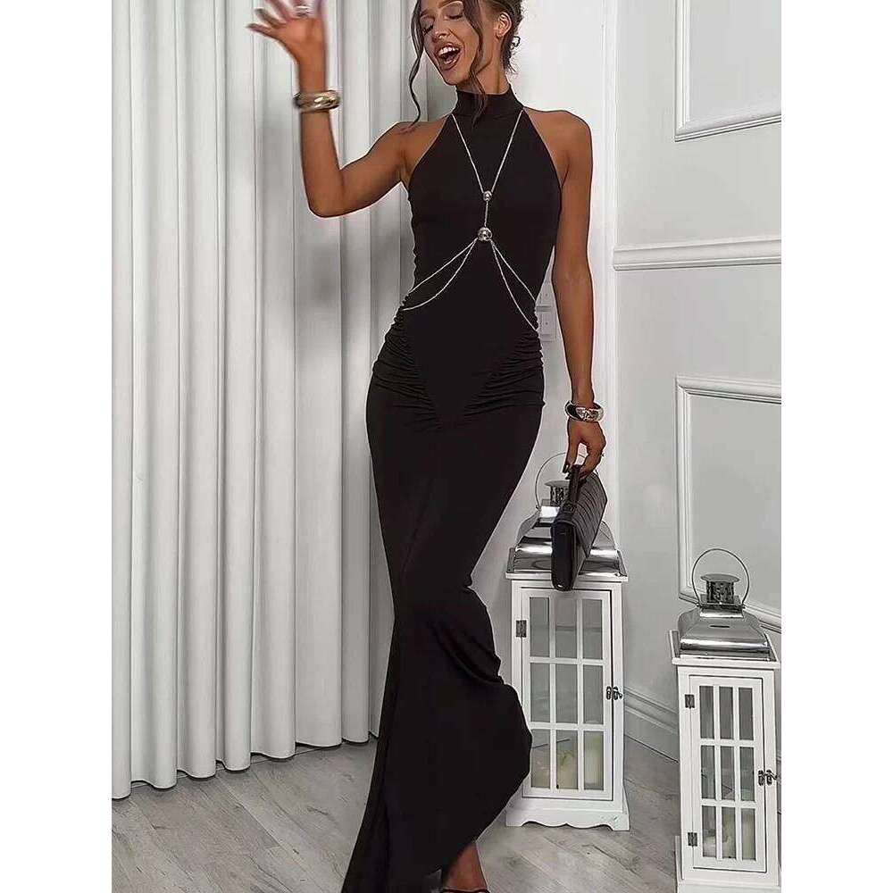 TFMLN Women's Chain Halter Long Dresses Slim Fit Sleeveless Pleated Waist-cinching Party Sexy Ladies Club Maxi Dress C260312