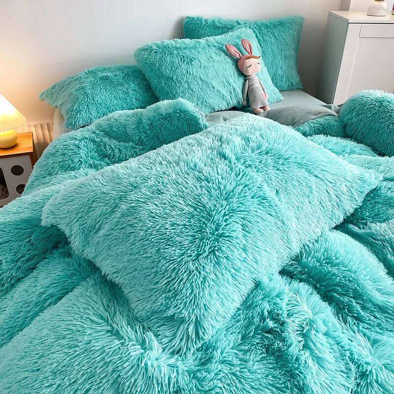 3Pcs Fluffy Black Plush Shaggy Duvet Cover +2Pcs Pillowcases Zipper Bedding set Soft Velvet H260312
