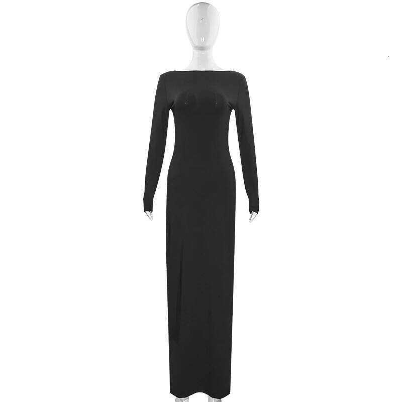 Sexy European And American Girl Pure Color Slim Fit Long Sleeve Backless Dress Spring 2025 New Arrival Elegant Evening Gown C260312
