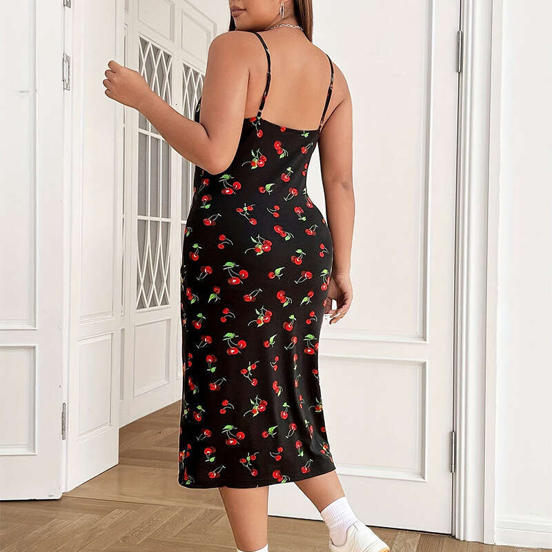 Cross-border French cherry print sweet long dress, European and American style, waist-cinching plus size suspender dress