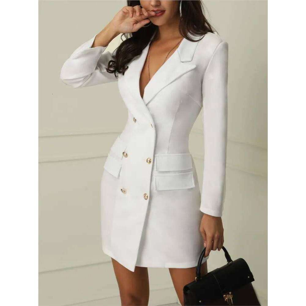 Fashion Long-sleeved Suit Collar Dress Women Elegant Solid Color Double-breasted Office Vintage Dresses Female C260312