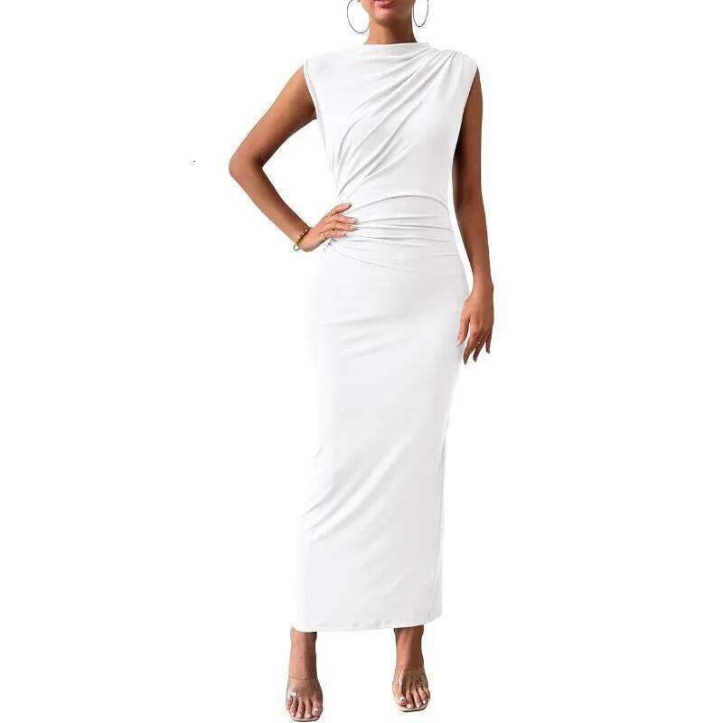Women Plus Size Elegant Ruched Bodycon Euro Sexy Sleeveless Layering Stretchy Coat Inner Party Outfit Fashion Basic Dress C260311