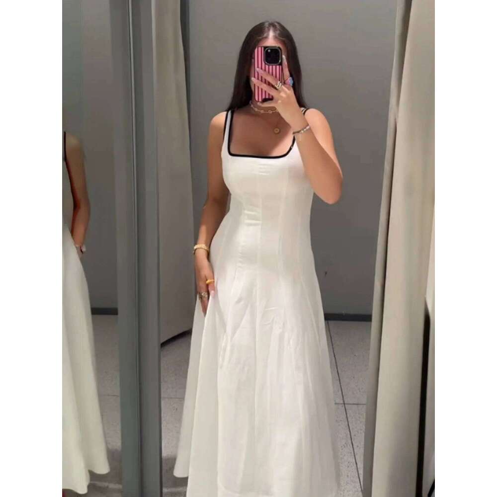 UNIZERA Contrast Edge Midi 2025 Summer New Arrivals Women's Casual Loose Suspender Dress C260311