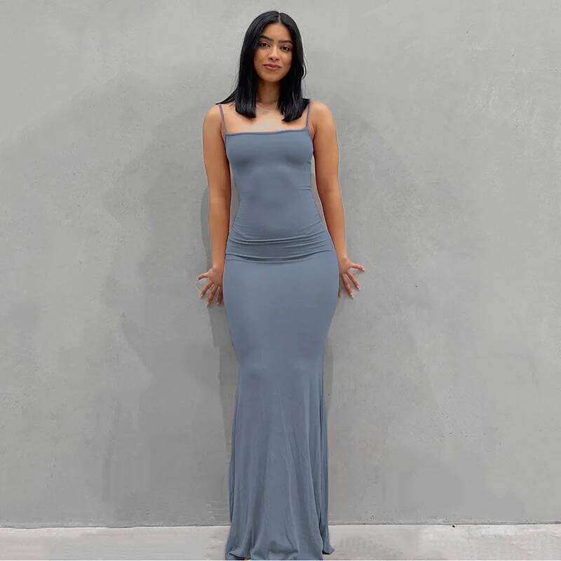 2024 Summer Dresses For Women Sexy Spaghetti Strap Black Long Dress Y2k Sleeveless Solid Skinny Bodycon Trumpet Maxi Vestidos C260312