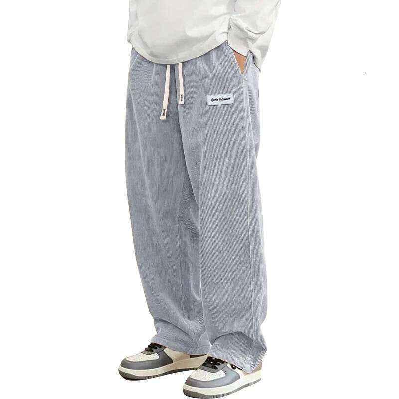 Autumn Mens Corduroy Casual Fashion Loose Fit Pants Straight Sweatpants Elastic Waist Drawstring Outdoor Streetwear