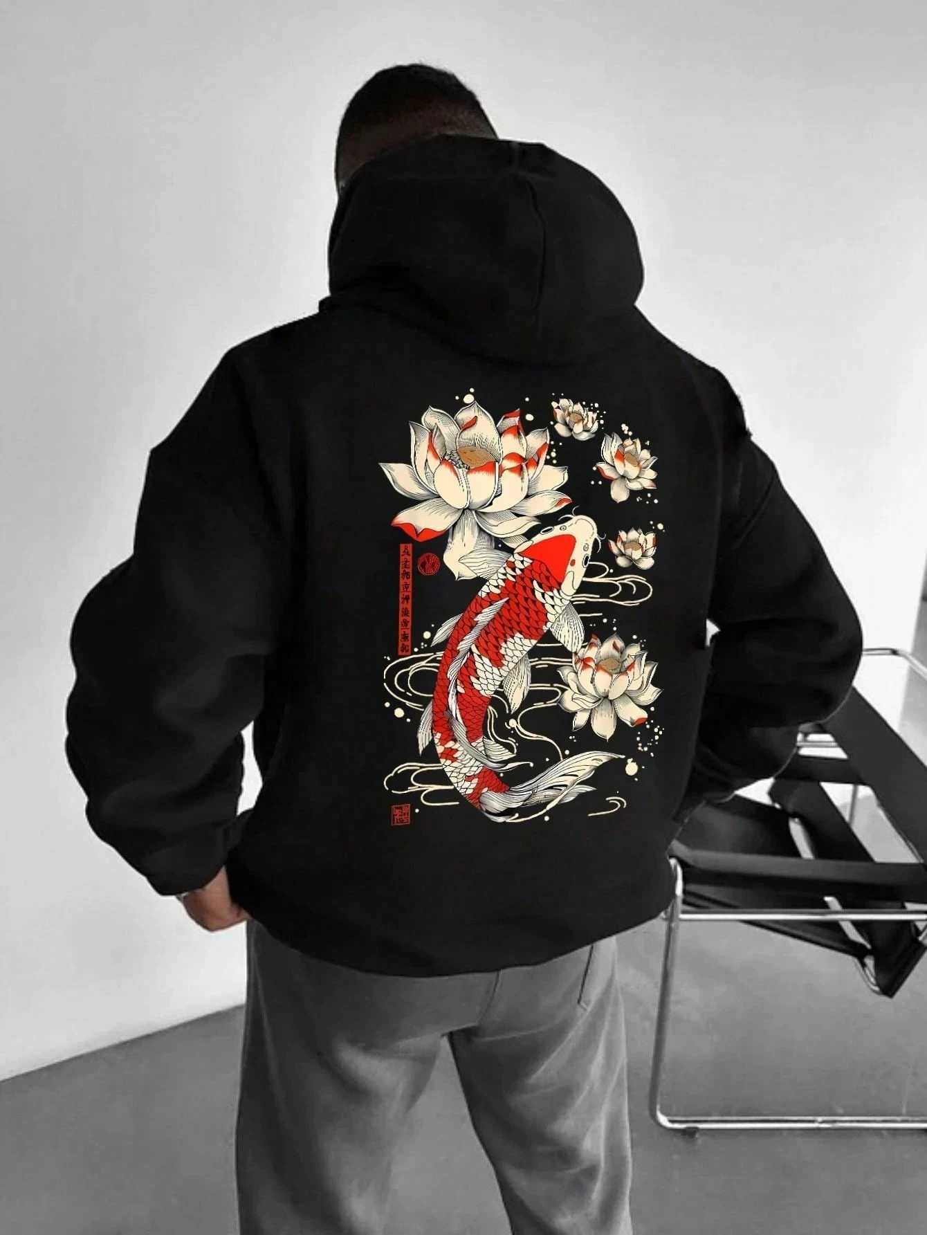 Beautiful Japanese Lotus Koi Prints Daily Comfy Hooded Casual Basics Clothing AutumnPocket Streetwear Classic Loose Pullovers M260312