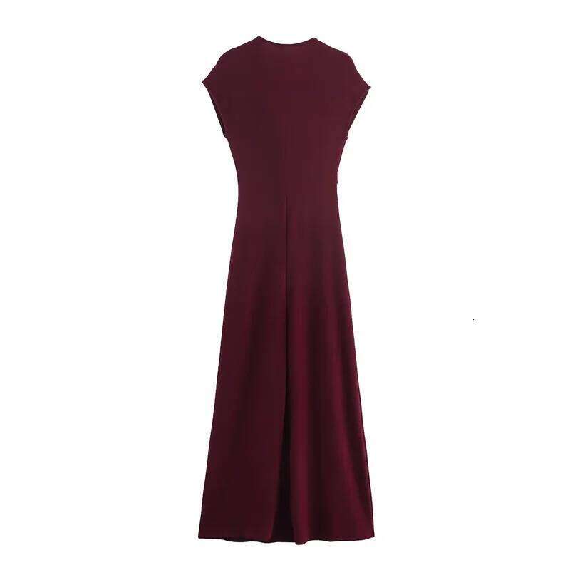 Women's Summer 2025 New Solid Color Short Sleeve Pleated Gold Embellished Long Dress Elegant Temperament Personality Fashi C260312